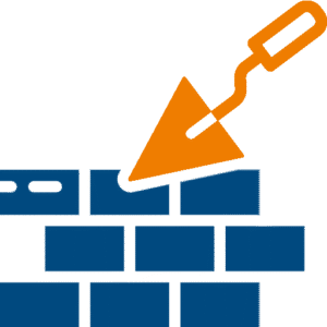 Blau-orangefarbenes Symbol mit Mauersteinen und einer Kelle, steht für Bau- und Sanierungsprojekte
