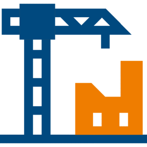 Blau-orangefarbenes Symbol mit Baukran und Gebäude, steht für Bauunternehmen sowie Abbruch- und Sanierungsfirmen – professionelle Unterstützung bei Demontage und Rückbau von Anlagen, Hallen und Gebäudeteilen.