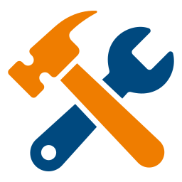 Blau-orangefarbenes Symbol mit Hammer und Schraubenschlüssel, steht für Gewerbe, Handwerk und Bauunternehmen – ideal für Container bei Bauprojekten, Renovierungen und Werkstattabfällen.