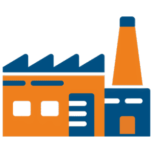 Blau-orangefarbene Grafik einer Industrieanlage mit Schornstein, symbolisiert produzierendes Gewerbe.