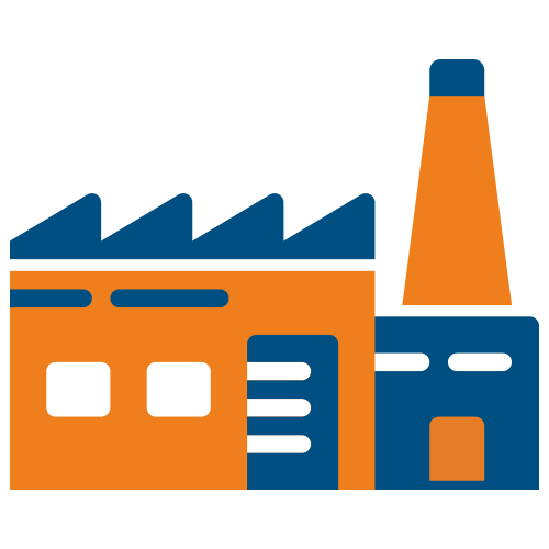 Blau-orangefarbene Grafik einer Industrieanlage mit Schornstein, symbolisiert produzierendes Gewerbe.