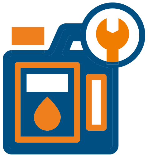 Blau-orangefarbene Grafik mit Tanks, Tropfensymbol und Schraubenschlüssel, steht für Kfz-Werkstätten.