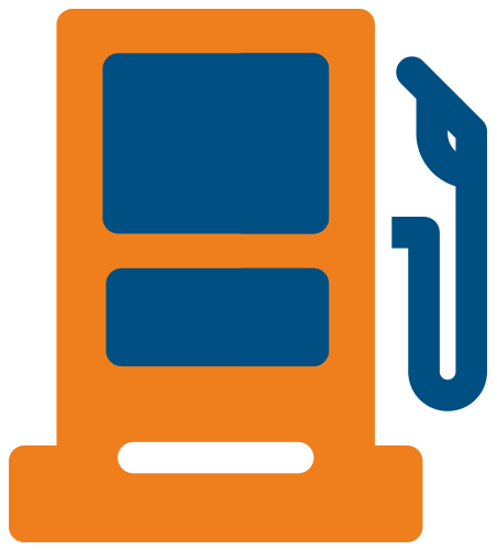 Blau-orangefarbene Grafik einer Zapfsäule, repräsentiert Tankstellenbetriebe.
