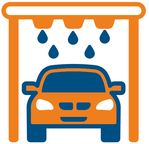 Blau-orangefarbene Grafik mit Auto und Wassertropfen unter einem Dach, steht für Autowaschanlagen.